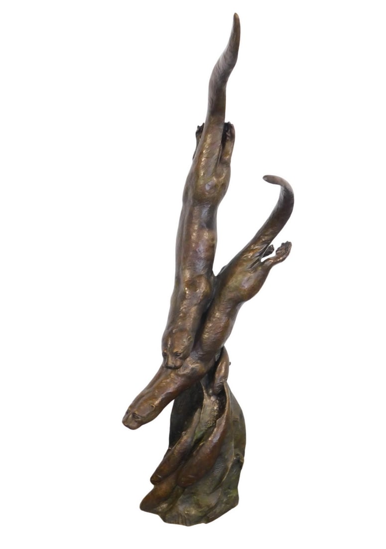 WHIMSICAL LIFESIZED BRONZE SCULPTURE OF FROLICKING  OTTERS 56X21X16 (1 of 12)