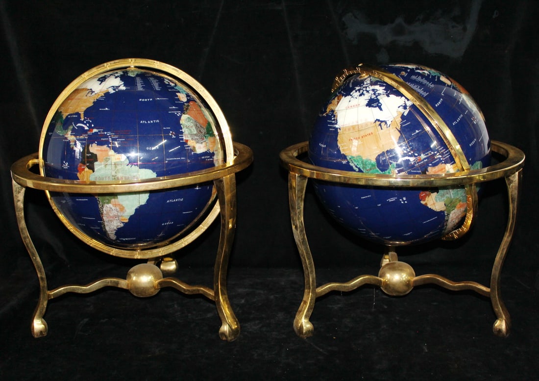 TWO STONE INLAID AND BRASS GLOBES, 21H X 17 X 17 (1 of 11)