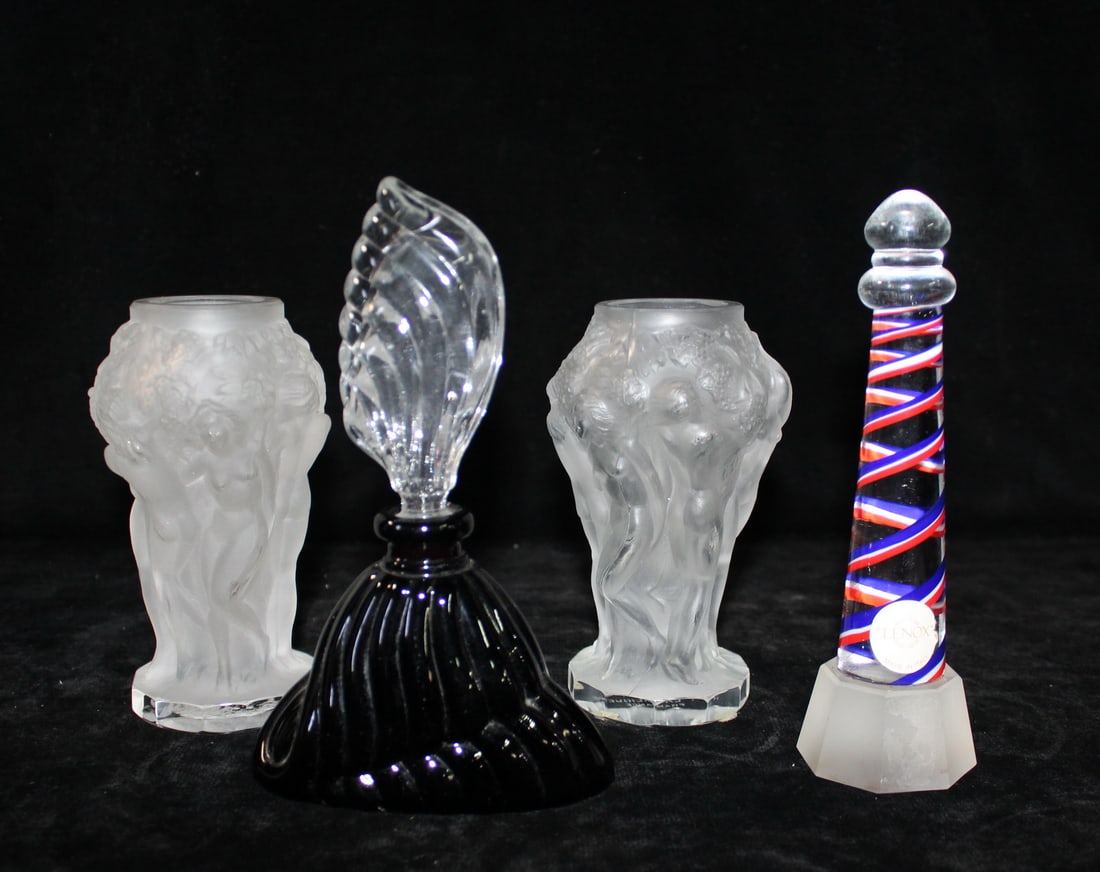 DESNA STYLE FROSTED FEMALE NUDE (NEAR PAIR), SMALL VASES, (1 MARKED LALIQUE), AND 1 PERFUME BOTTLE: DESNA STYLE FROSTED FEMALE NUDE (NEAR PAIR), SMALL VASES, (1 MARKED LALIQUE), AND 1 PERFUME BOTTLE