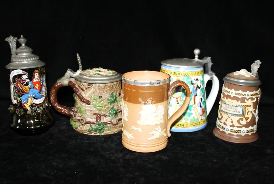 GROUP OF FIVE BEER STEINS INC.. DOULTON LAMBETH WITH STERLING LIP, 7 X 5.5 DIA. LARGEST (1 of 17)