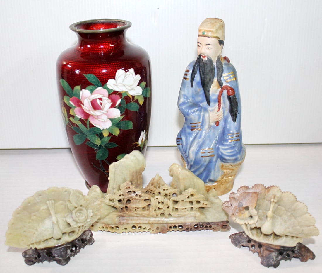 GROUP OF FIVE PIECES OF ORIENTALIA, INC.. PIGEON BLOOD CLOISONNE VASE AND SOAPSTONE PEACOCKS 8 X 4" (1 of 12)