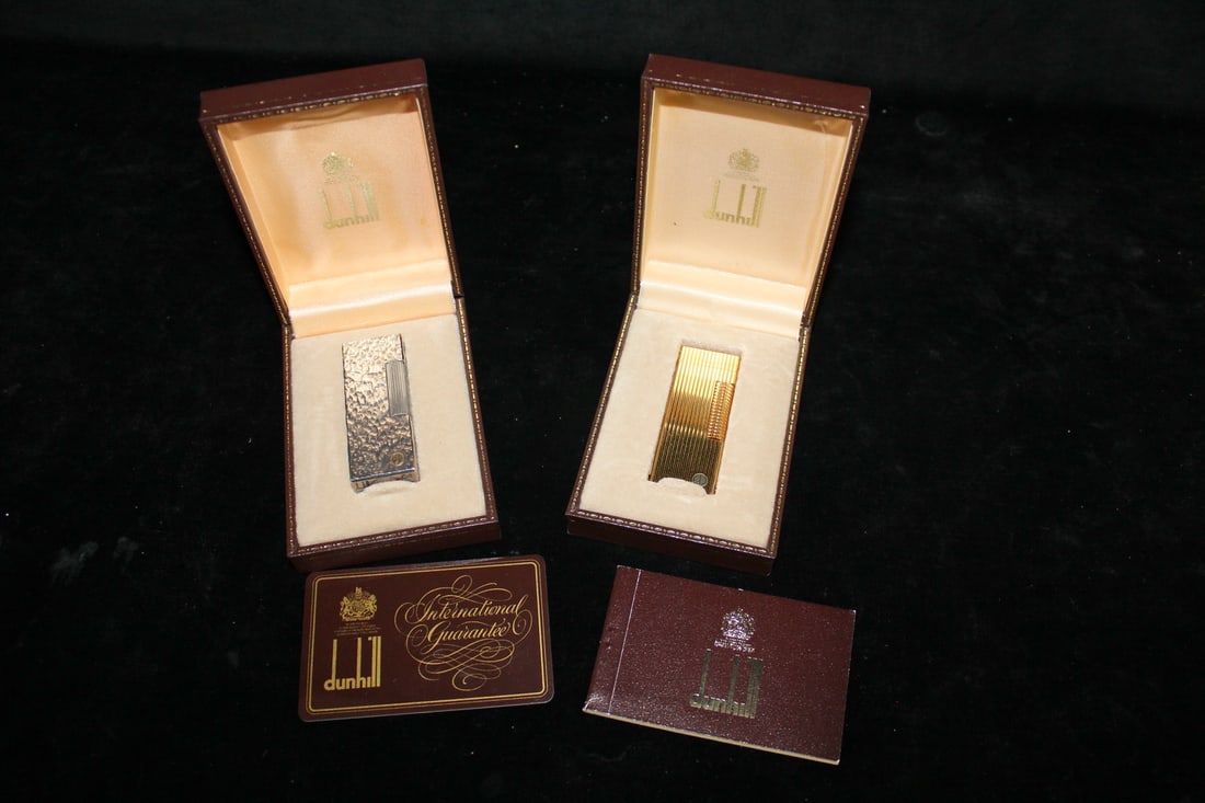 TWO DUNHILL LIGHTERS IN BOXES, ONE GOLDTONE, ONE SILVERTONE, EACH 2.25"H (1 of 15)