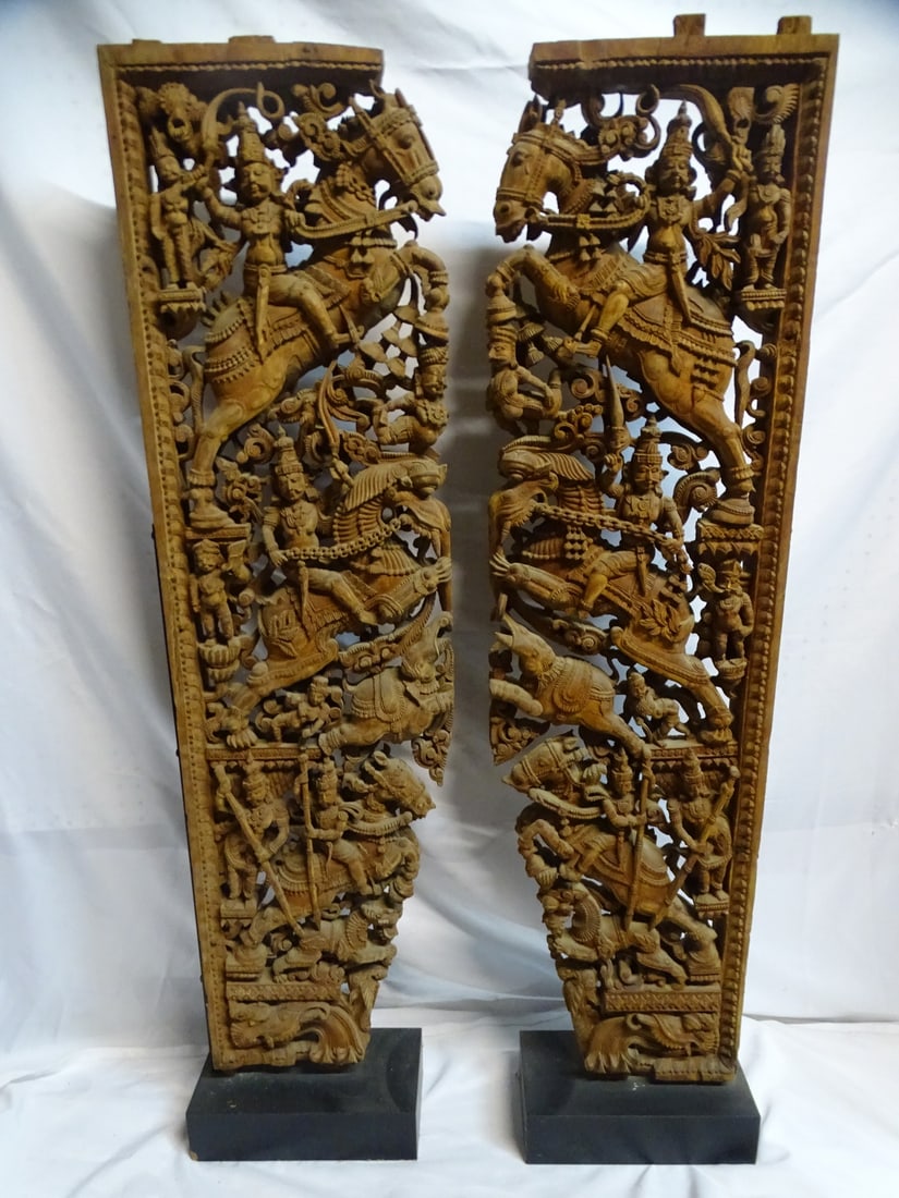 PAIR OF MOUNTED CARVED WOOD PANELS 52.5 X 13 X 6 (1 of 16)