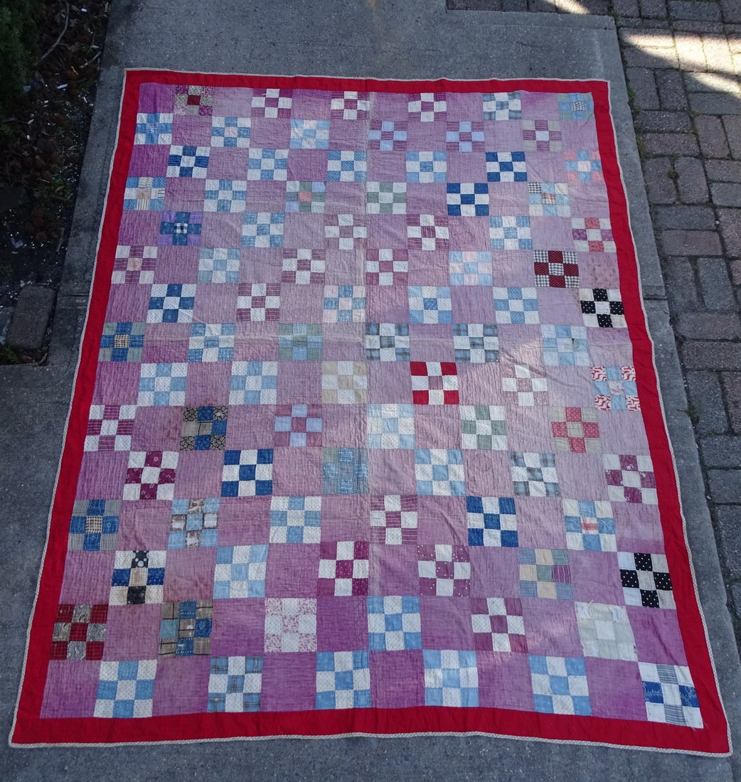 VINTAGE AMERICAN QUILT, NINE SQUARE PATTERN, SOME SMALL WORN AREAS, 67 X 84 (1 of 14)