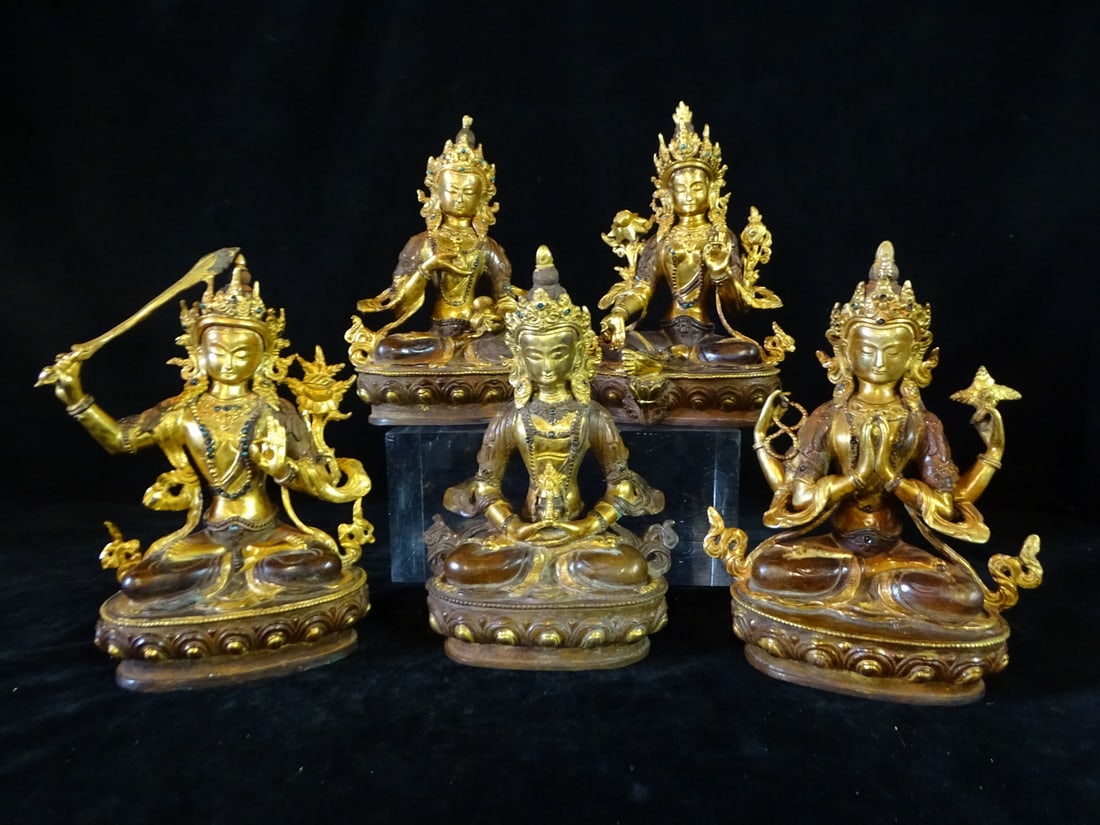 GROUP OF FIVE BRONZE BUDDHA VAJRASALLVA DHYANI WISDOM (5 POSITIONS TELL A STORY) 8.75 X 6.5 LARGEST (1 of 10)
