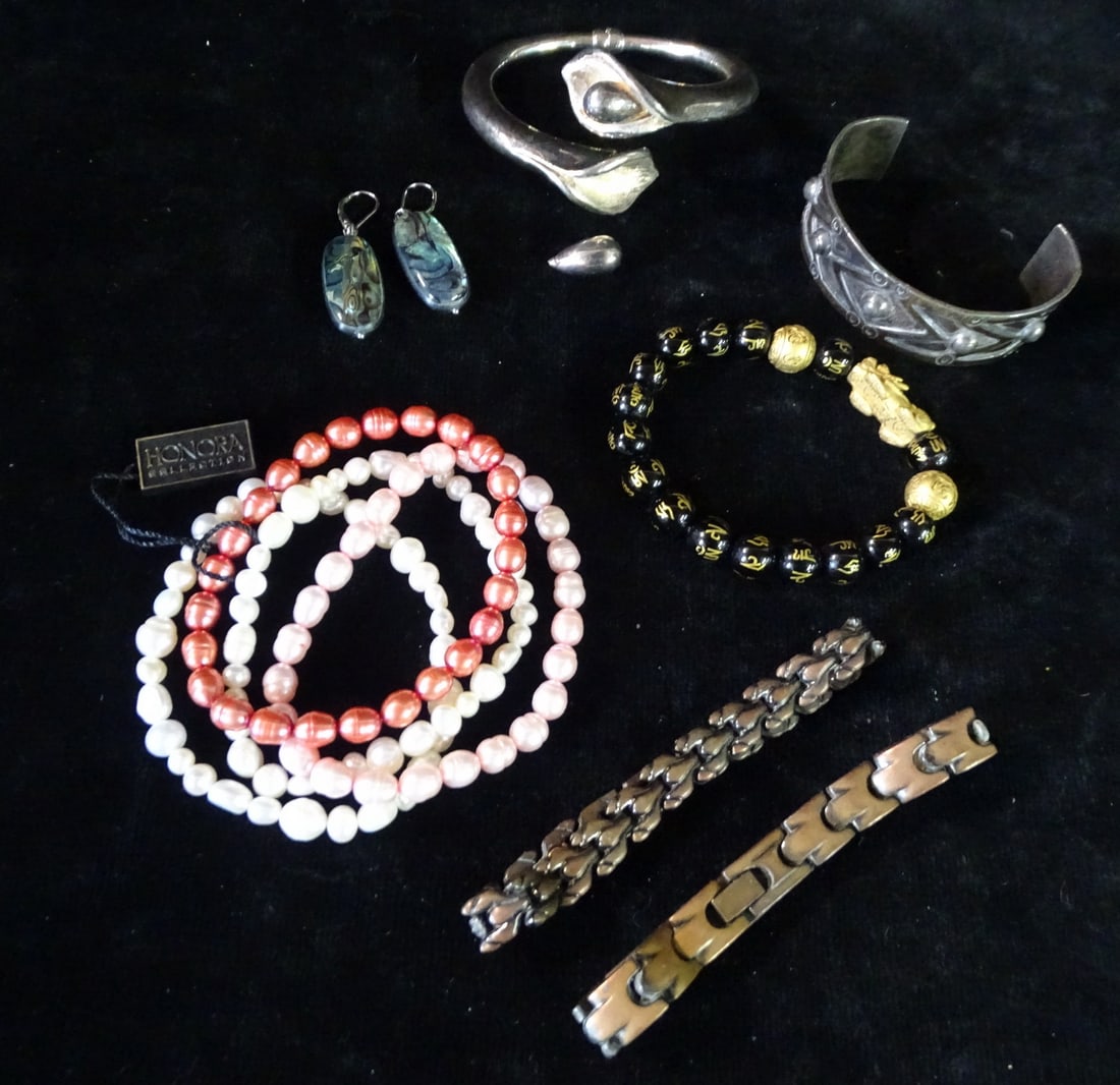 9 BRACELETS (2) STERLING (4) PEARL & A PAIR OF EARRINGS (1 of 15)