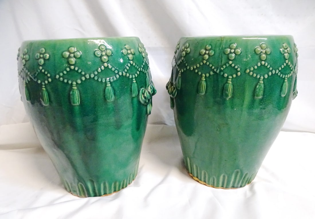 PAIR OF GLAZED TERRACOTTA GARDEN SEATS 17 1/2" x 13" DIA. (1 of 15)