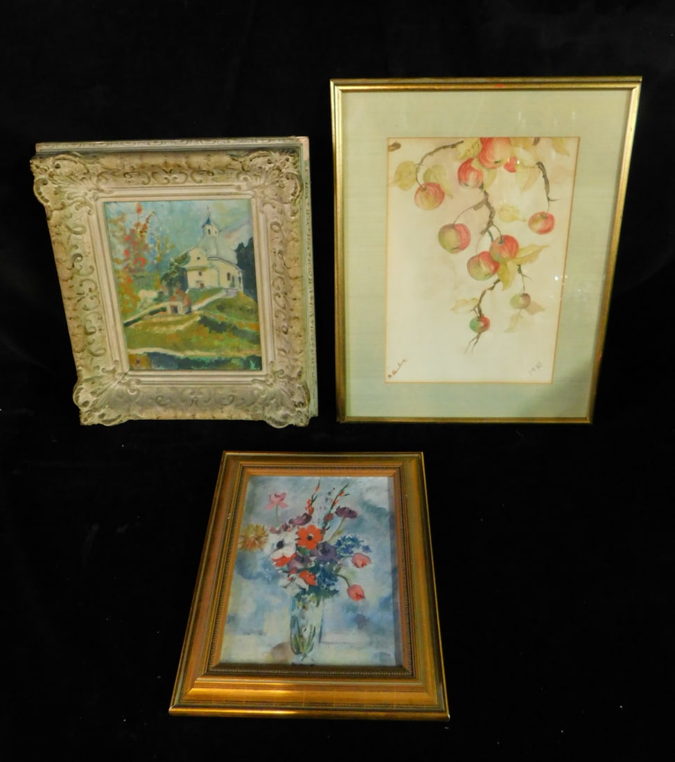 3 ORIGINAL ARTWORKS FLORALS, FRUIT & A CHURCH, (2) OIL PAINTINGS (1) WATERCOLOR 19" X 15" LARGEST (1 of 13)