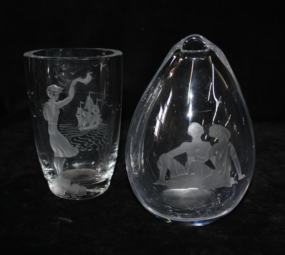 2 STEUBEN VASES (1) MARITIME THEME, (1) ASTROLOGICAL 7 1/2" TALLEST: 2 STEUBEN VASES (1) MARITIME THEME, (1) ASTROLOGICAL 7 1/2" TALLEST
