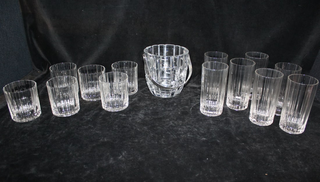 CRYSTAL ICE BUCKET 5.5"H AND ROCKS 4.5"H/HIGHBALL 5.5"H GLASSES, GLASSES MARKED PORTUGAL: CRYSTAL ICE BUCKET 5.5"H AND ROCKS 4.5"H/HIGHBALL 5.5"H GLASSES, GLASSES MARKED PORTUGAL
