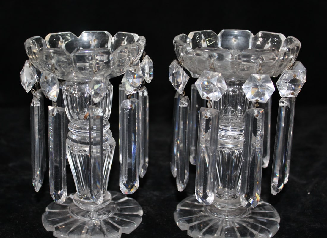 PAIR OF CRYSTAL LUSTERS W/PRISMS 6 1/4" HIGH: PAIR OF CRYSTAL LUSTERS W/PRISMS 6 1/4" HIGH