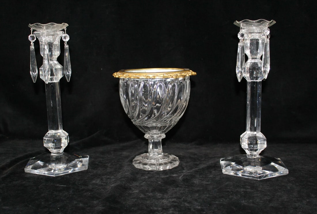 VAL ST LAMBERT CRYSTAL CANDLESTICKS W/ BOBECHES & PRISMS 10" HIGH W/BOBECHES (1 of 9)
