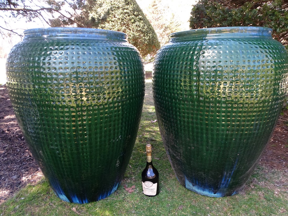PAIR OVERSIZED GREEN TO BLUE GLAZED TERRACOTTA PLANTERS/VESSELS 34 1/2" X 28" DIA. (16 1/2" OPENING) (1 of 20)