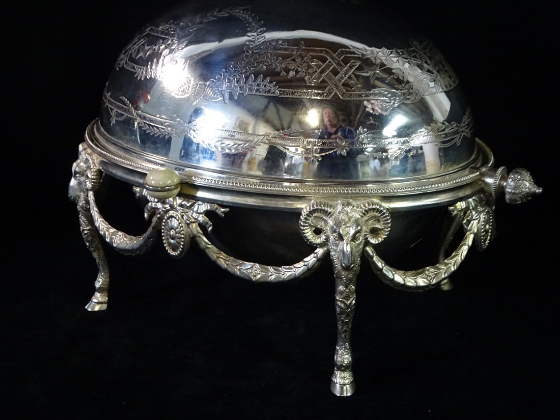 EXCEPTIONAL SILVER PLATE RAM FIGURAL BACON SERVER 9 1/2" X 14" X 10 1/2" (1 of 11)