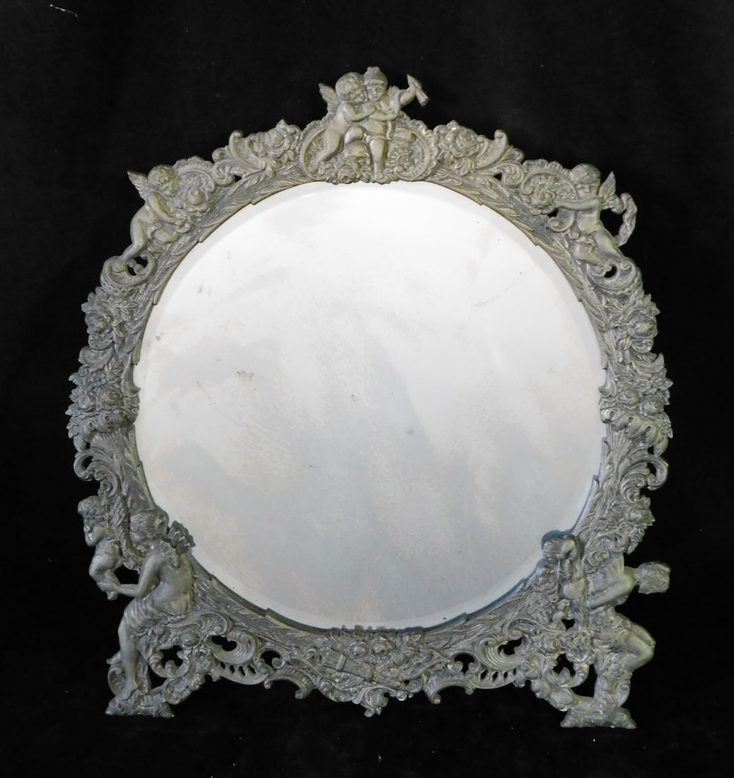 STUNNING BRONZE FRAMED MIRROR W/CHERUBS AND NYMPHS 17" X 15" (1 of 8)