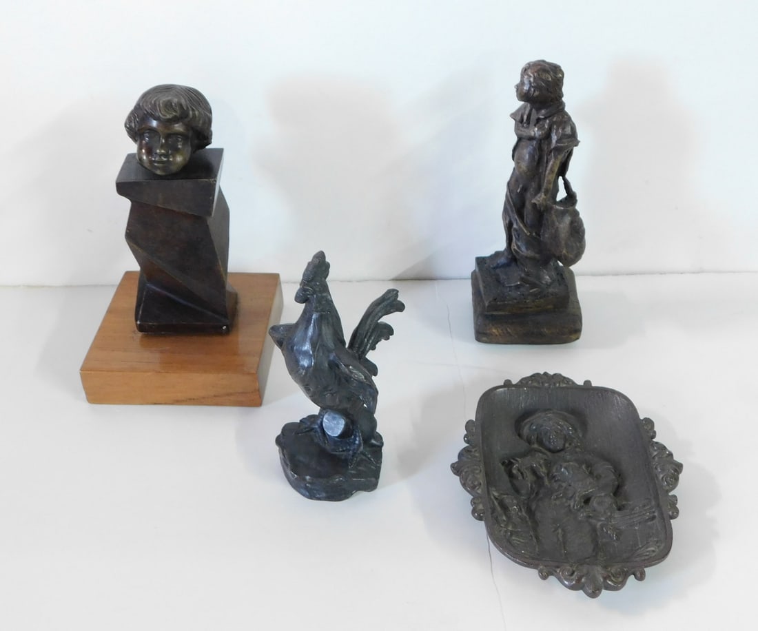 GROUP OF BRONZES W/ BOY AND ANIMAL MOTIF INC. ASHTRAY 7" X 4" X 4"  LARGEST (1 of 12)