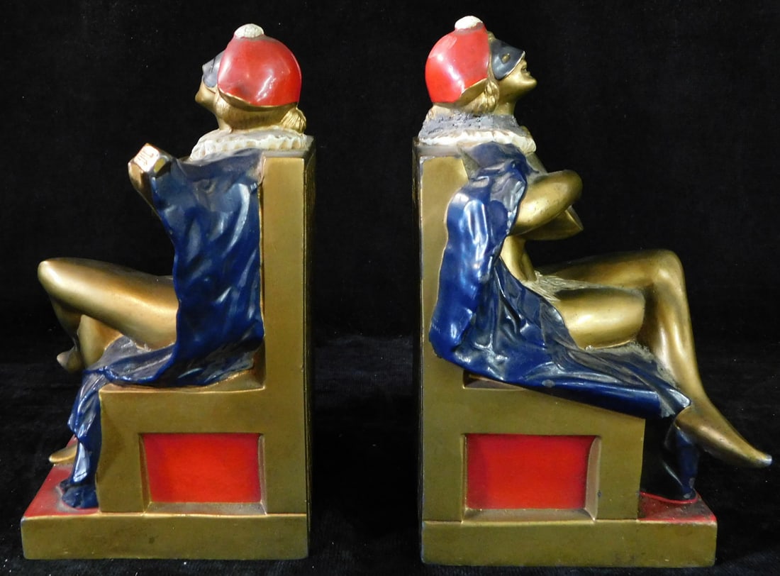 PAIR OF BARD BOOKENDS, BRASS W/PAINT DECORATION 8" HIGH: PAIR OF BARD BOOKENDS, BRASS W/PAINT DECORATION 8" HIGH