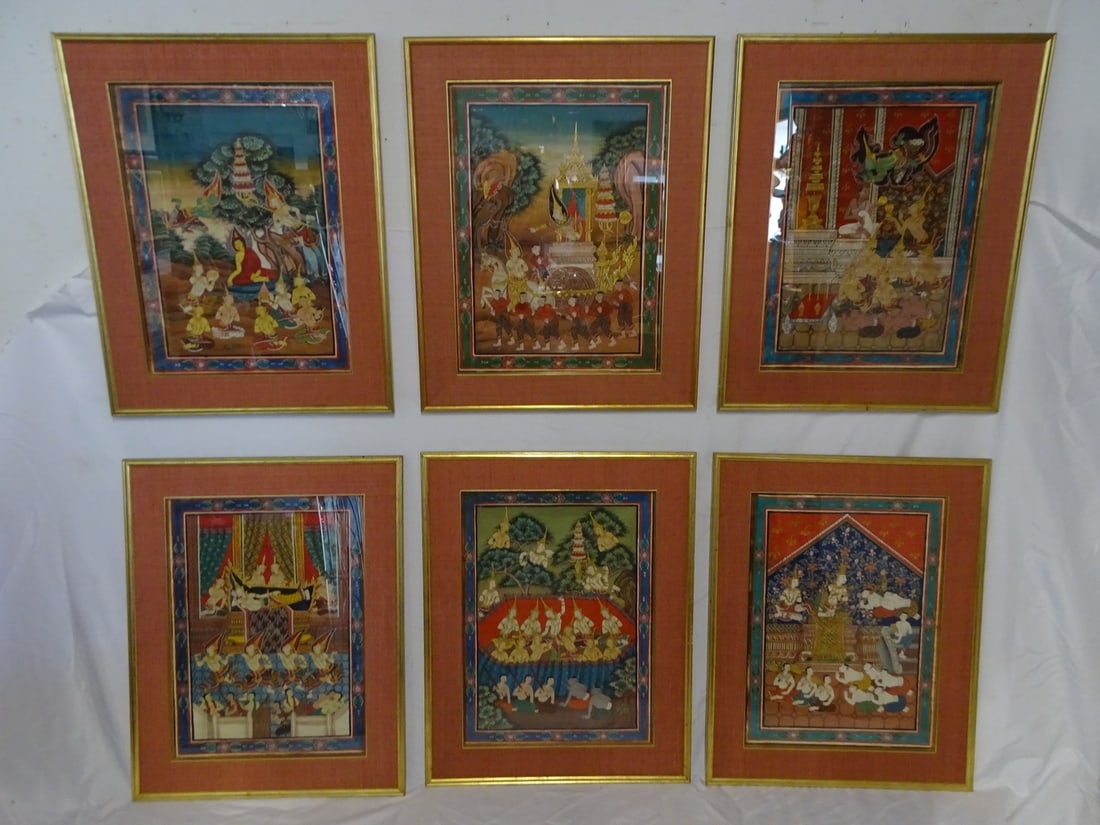 GROUP OF 6 GILT FRAME THAI PAINTINGS 32" X 251/2" OVERALL (1 of 20)
