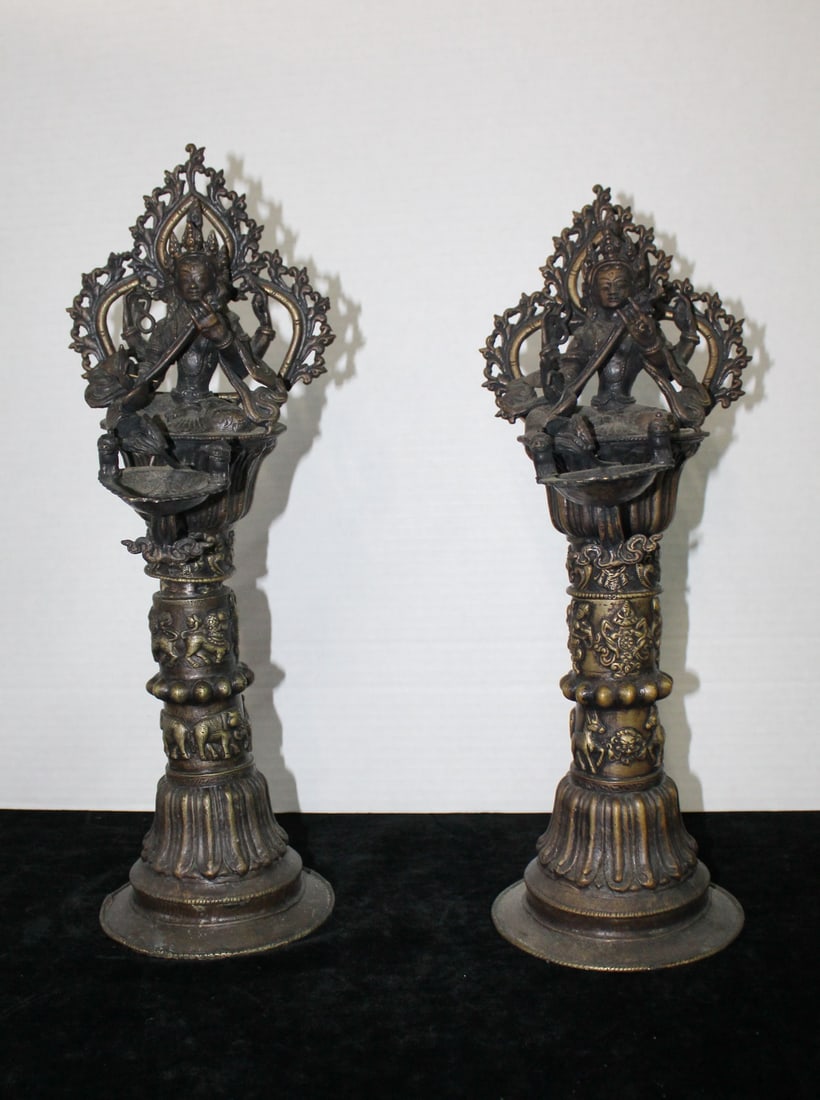 2 TIBETAN BRONZE FIGURAL BURNERS 17" HIGH (1 of 13)