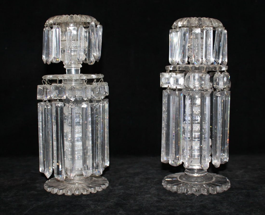 NEAR PAIR HENRY CRYSTAL LUSTERS, CHIP ON ONE 11" HIGH: NEAR PAIR HENRY CRYSTAL LUSTERS, CHIP ON ONE 11" HIGH