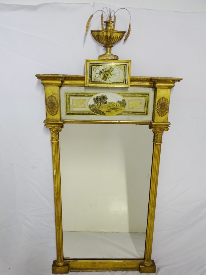 REGENCY GILT WOOD MIRROR W/OVER-HUNG CORNICE AND VERRE EGLOMISE PANELS 51" X 25" (1 of 20)