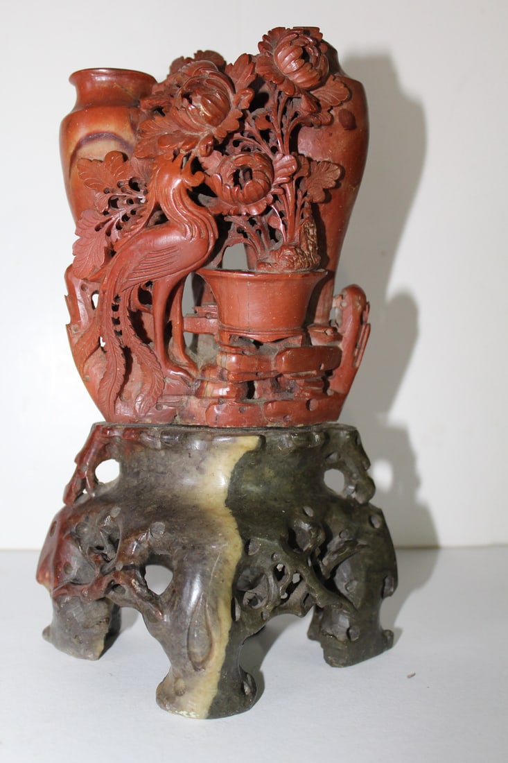 SOAPSTONE VASE IN RED AND BROWN 10" X 6" X 4": SOAPSTONE VASE IN RED AND BROWN 10" X 6" X 4"