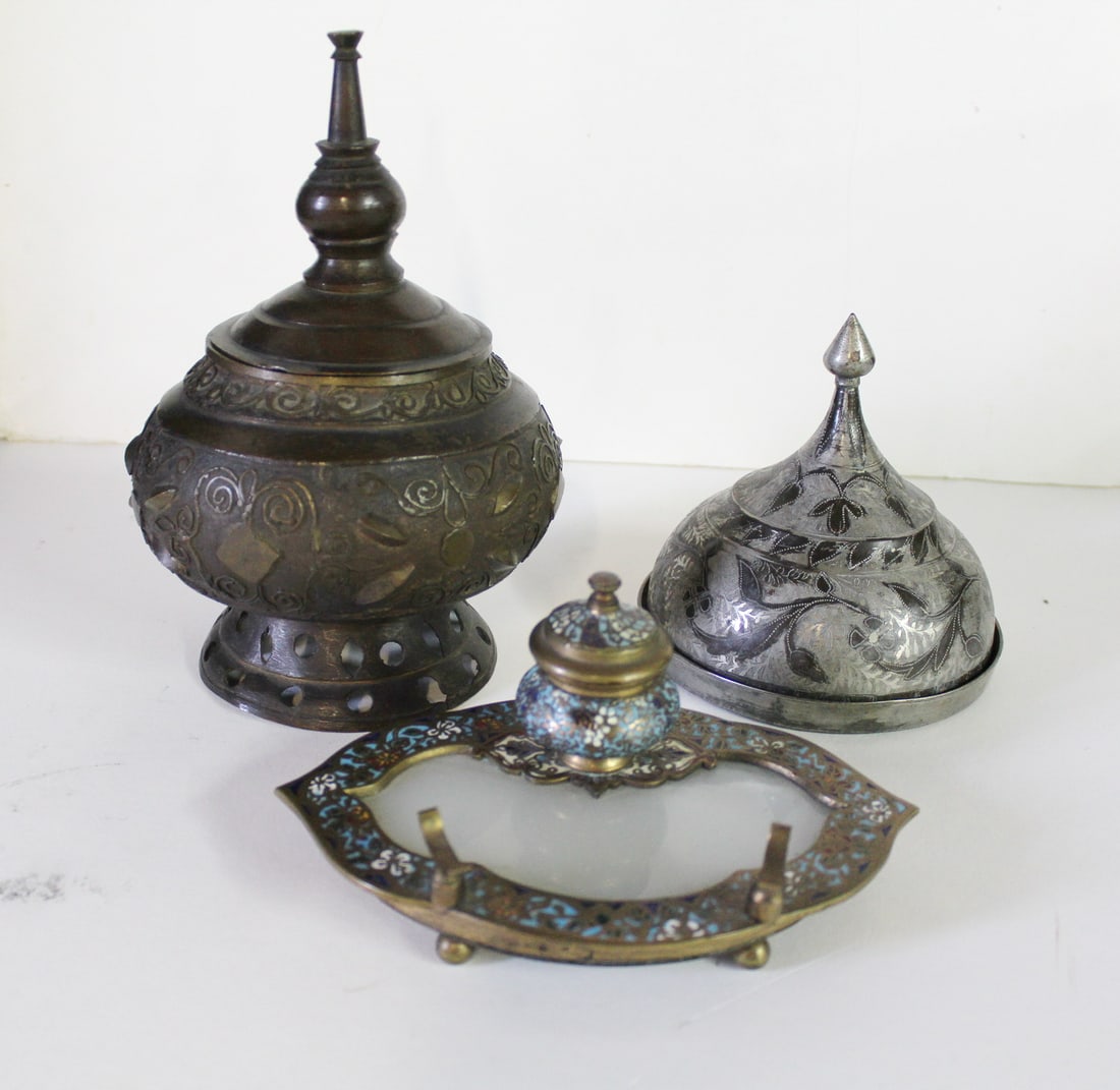 BRONZE & CHAMPLEVE INKWELL, BRONZE URN, & SMALL BRONZE TAGINE 9" X 6" LARGEST (1 of 15)