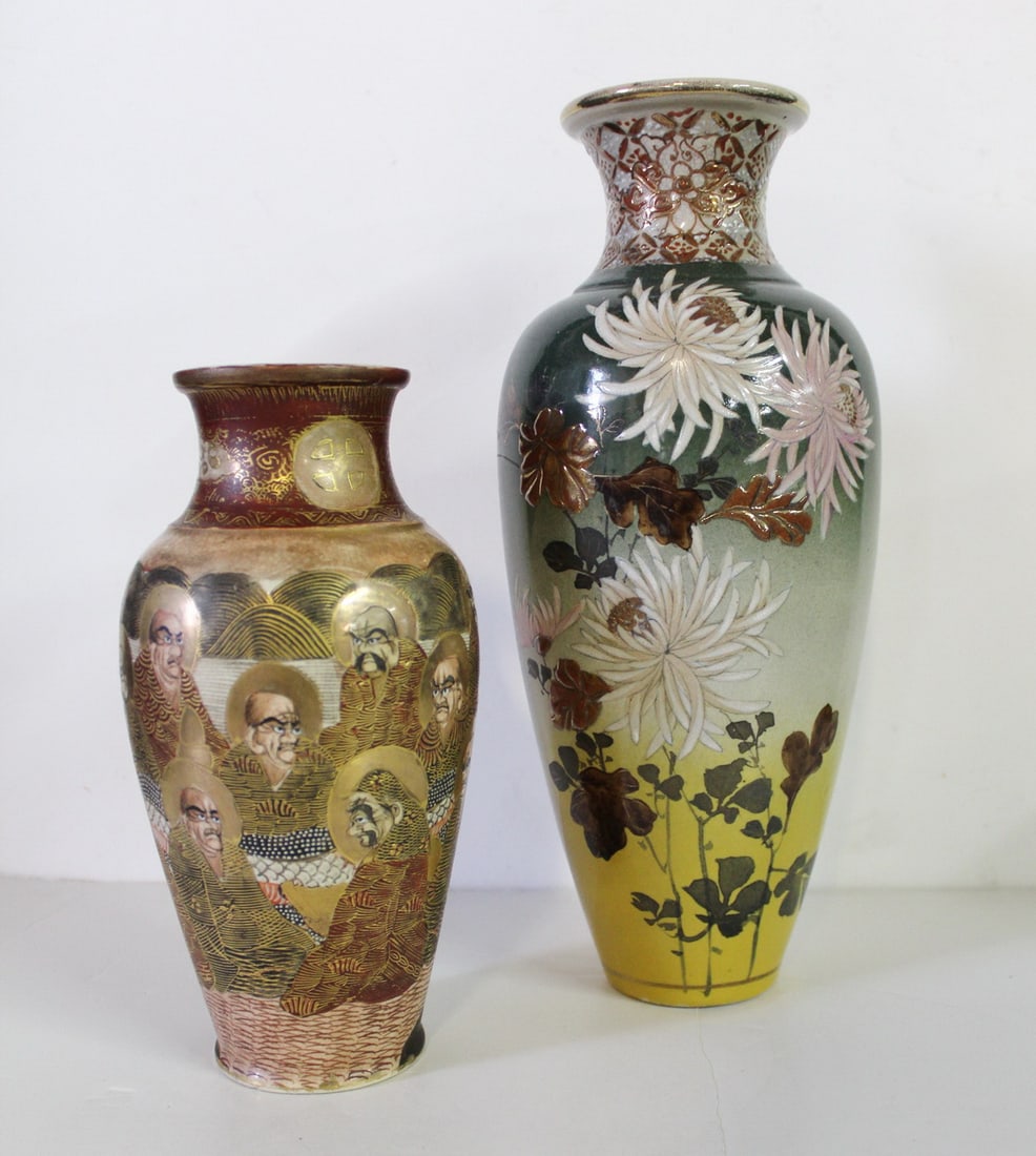 TWO SATSUMA VASES, ONE W/CHRYSANTHEMUM MOTIF AND ONE WITH "100 FACES" 12 1/2" TALLEST: TWO SATSUMA VASES, ONE W/CHRYSANTHEMUM MOTIF AND ONE WITH "100 FACES" 12 1/2" TALLEST