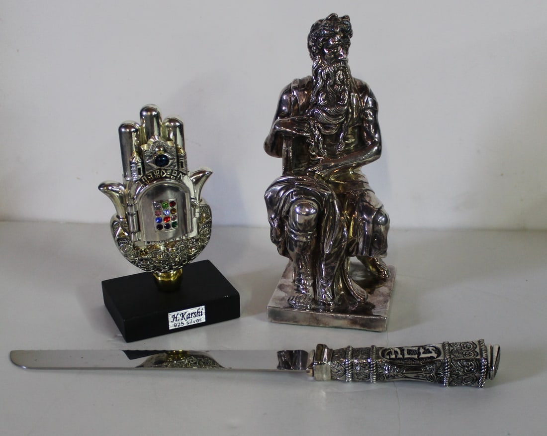 3 PIECES OF SILVER WRAPPED JUDAICA, INC. KNIFE, HAMSA HAND & MOSES  (LABEL RESIDUE ON KNIFE) 9" HIGH (1 of 14)