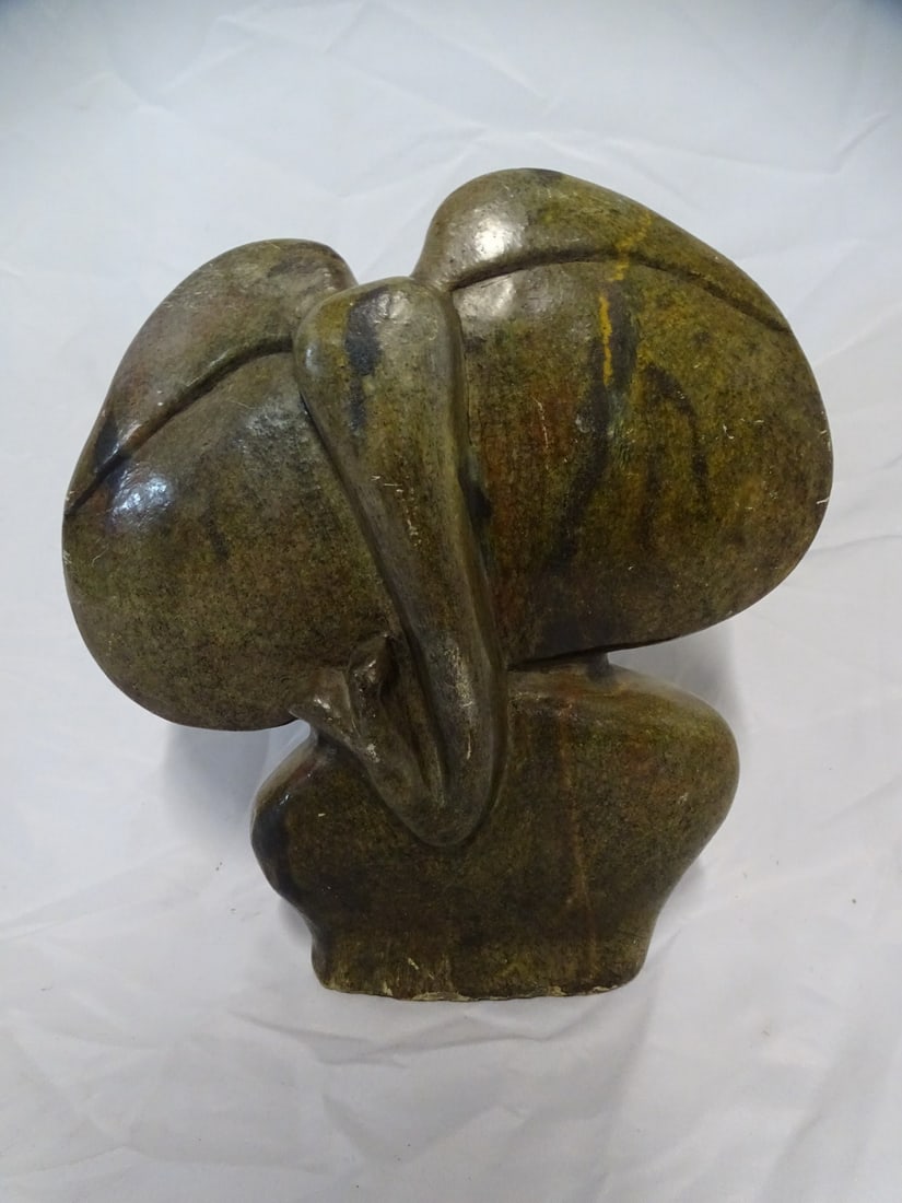 STEWART GWIZO "ELEPHANT EARS" STONE SCULPTURE 17" X 16" X 3 1/2": STEWART GWIZO "ELEPHANT EARS" STONE SCULPTURE 17" X 16" X 3 1/2"