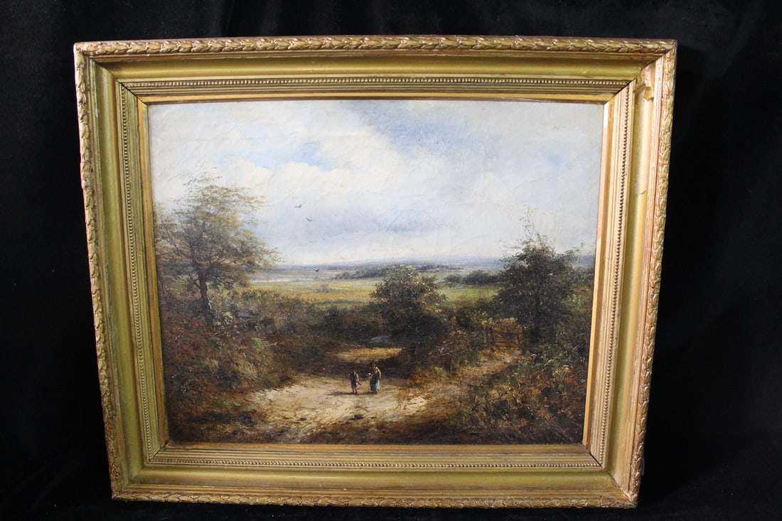 19C OIL ON CANVAS GENRE SCENE WITH LANDSCAPE AND PEOPLE IN FORGROUND, GILT FRAMED, 16 X 19 IMAGE, 20 (1 of 14)