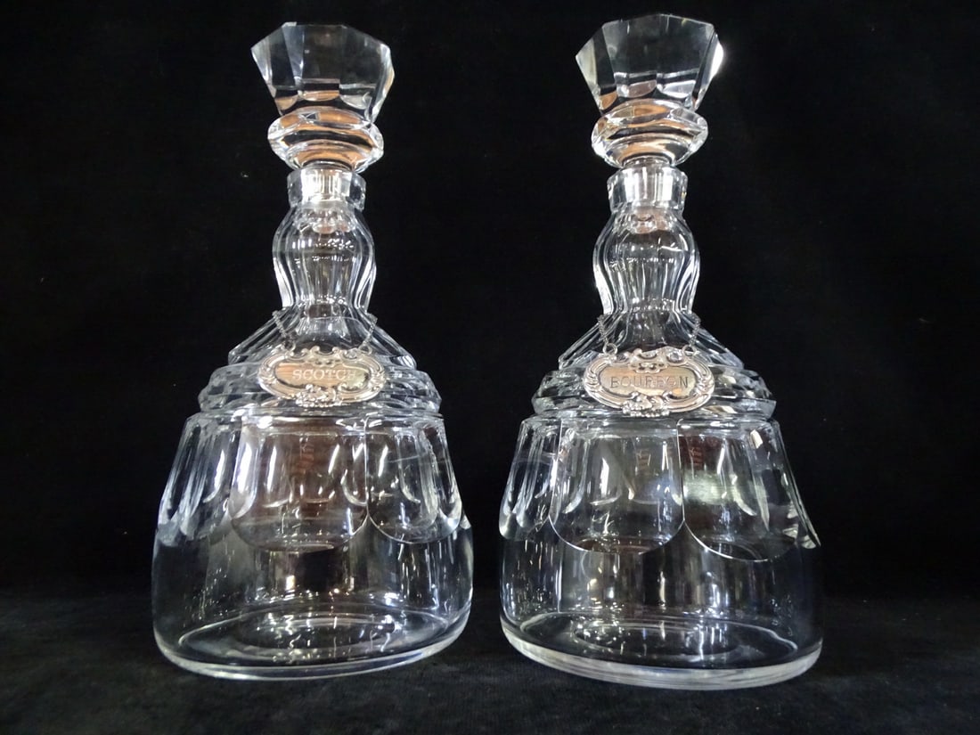 PAIR OF BACCARAT CRYSTAL DECANTERS WITH STERLING SILVER LABELS, 16.5"H (1 of 6)