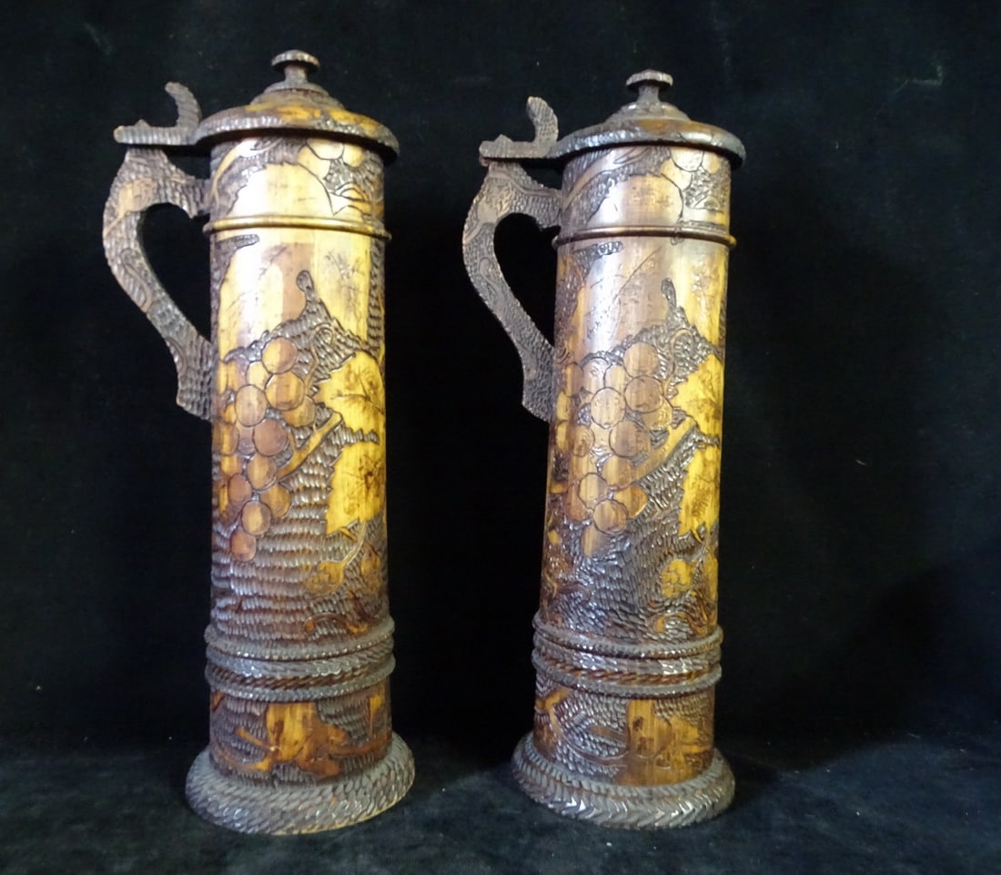 PAIR PYROGRAPHY WOODEN STEINS, 14.5 H (1 of 13)