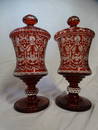 PAIR OF BOHEMIAN GLASS COVERED URNS 17"H