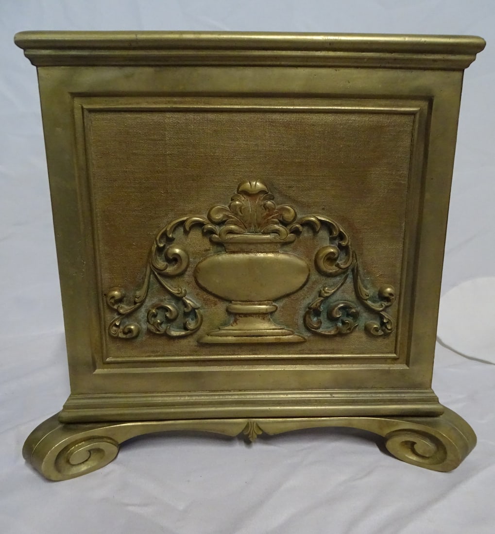 FRENCH BRONZE PLANTER W/URN AND FLEUR DE LIS MOTIF 13 1/2" X 15" X 15": FRENCH BRONZE PLANTER W/URN AND FLEUR DE LIS MOTIF 13 1/2" X 15" X 15"