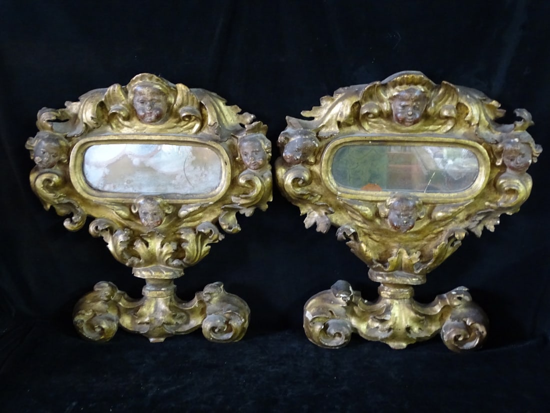 PAIR ANTIQUE GILT WOOD ARCHITECTURAL FIGURAL ELEMENTS W/MIRROR INSERTS 22" X 19" X 2 1/2" (1 of 17)