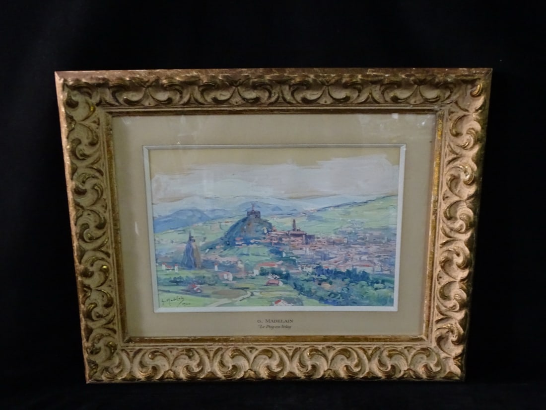 FRAMED WATERCOLOR VILLAGE SCENE "LE PUY EN VELAY",  SIGNED GILT FRAMED G. MADELAIN, IMAGE 8 X 12, (1 of 6)