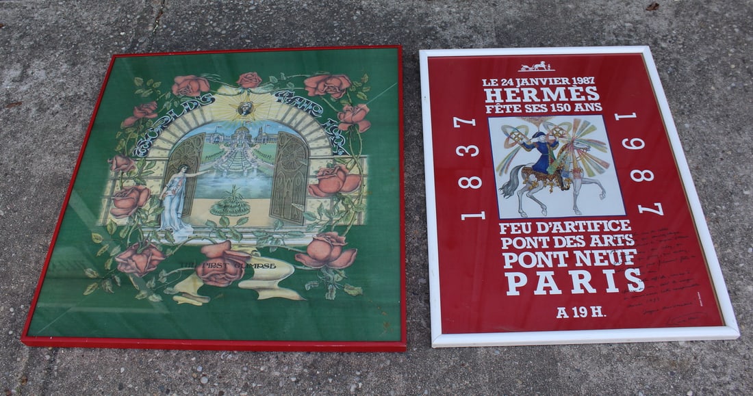 HERMES POSTER 1987 COMMEMORATING THE 150TH ANNIVERSARY WITH INSCRIPTION & FRAMED CLOTH OF THE 1904 (1 of 10)