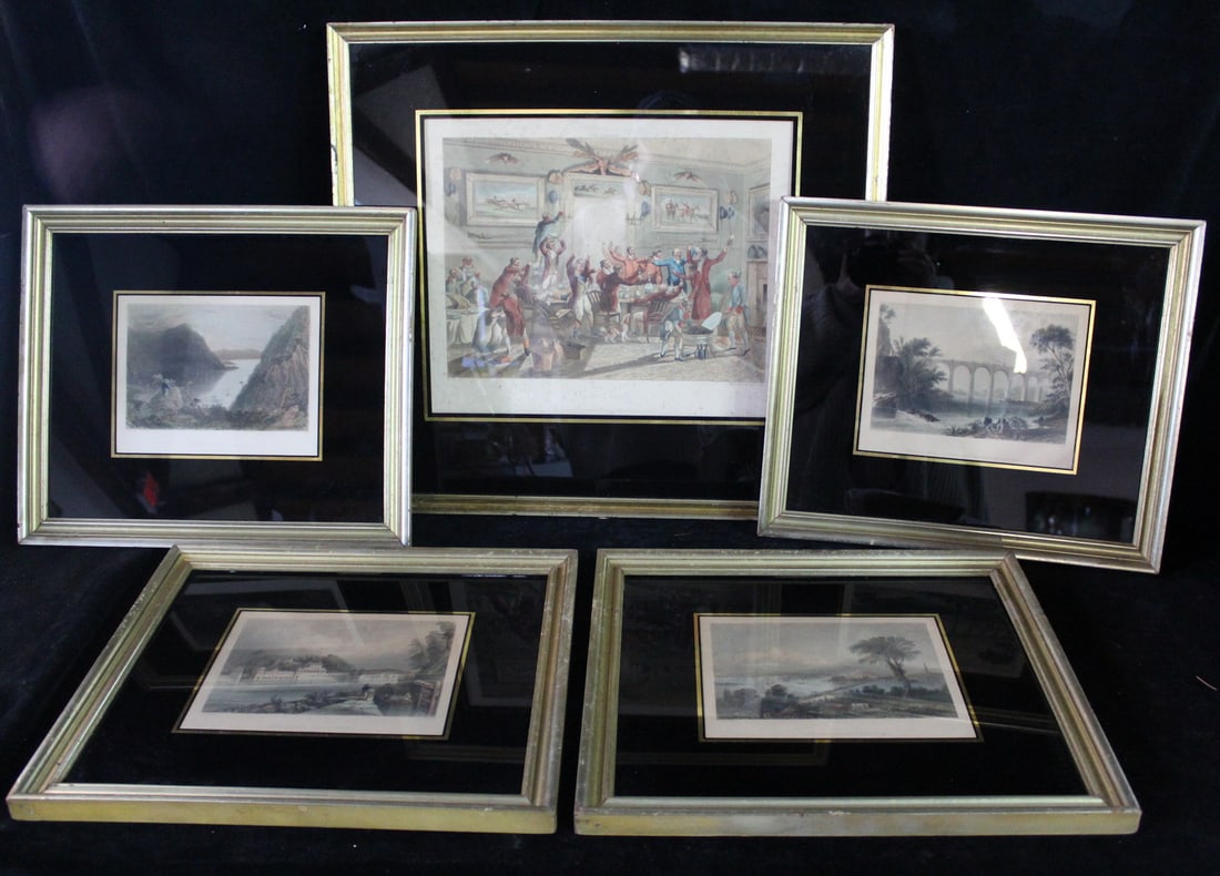 GROUP OF FIVE NICELY MATTED AND FRAMED ENGRAVINGS, FOUR LANDSCAPES AND "FOX HUNTING" (SOME MILDEW), (1 of 19)