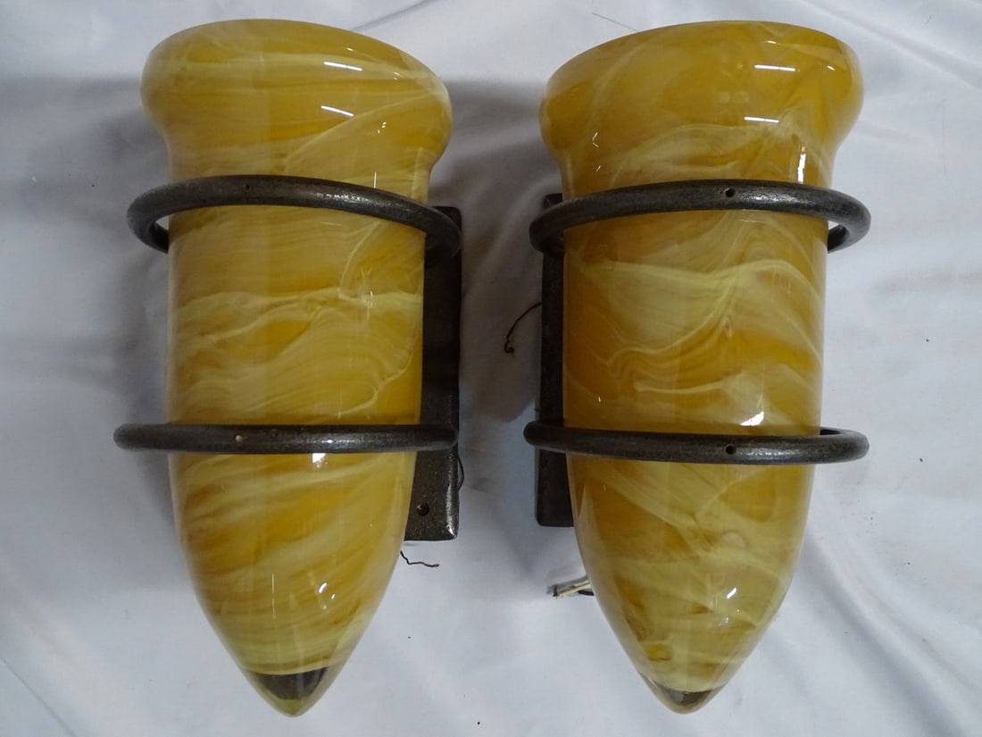 PAIR OF IRON AND ART GLASS SCONCES, 13 X 6.5 X 8.25: PAIR OF IRON AND ART GLASS SCONCES, 13 X 6.5 X 8.25