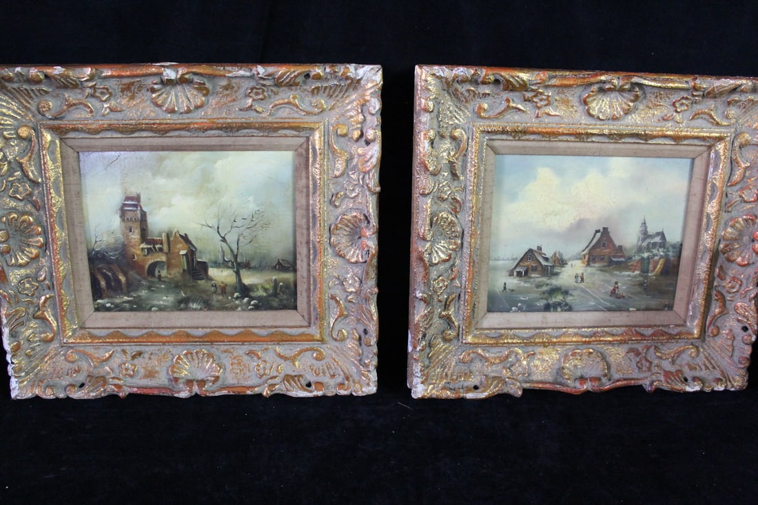 PAIR OF 19C DUTCH OIL PAINTINGS ON TILE, ONE SIGNED VAN DEEICH? LOSSES TO FRAME, 7.5 X 9 IMAGES, 15: PAIR OF 19C DUTCH OIL PAINTINGS ON TILE, ONE SIGNED VAN DEEICH? LOSSES TO FRAME, 7.5 X 9 IMAGES, 15 X 16 OVERALL
