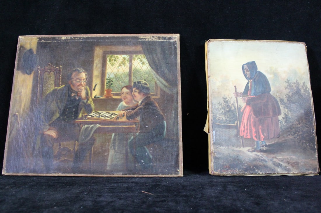 LATE 19C OIL ON CANVAS (ONE MOUNTED ON BOARD) "THE CRONE" AND "THE CHECKER PLAYERS" 9 X 10.5 LARGEST: LATE 19C OIL ON CANVAS (ONE MOUNTED ON BOARD) "THE CRONE" AND "THE CHECKER PLAYERS" 9 X 10.5 LARGEST