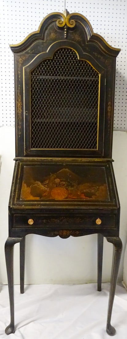 QUEEN ANNE STYLE CHINOISERIE DECORATED GRILL DOOR 2 PART SECRETARY 74" X 25 1/2" X 18 1/2" (1 of 20)