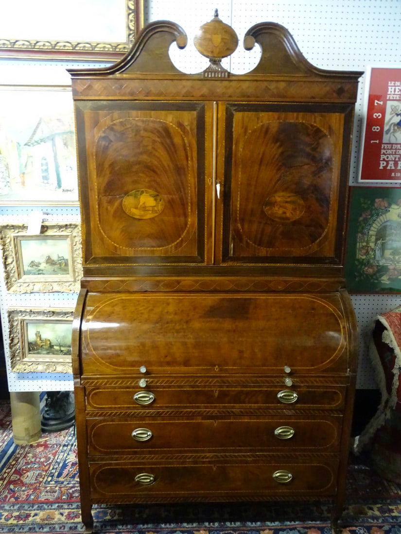 EXCEPTIONAL ANTIQUE INLAID CYLINDER DESK W/ BOOKCASE TOP 87" X 46 1/2" X 23" (1 of 17)