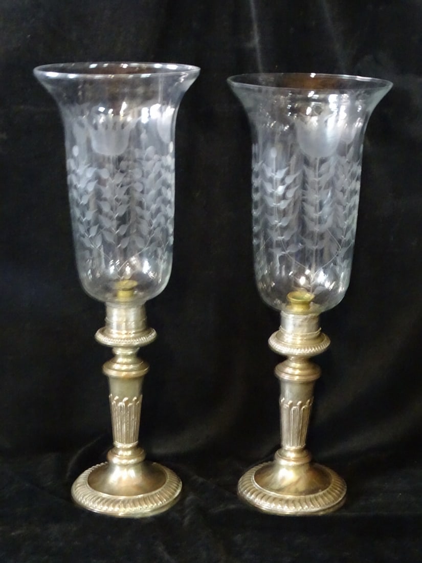 PAIR SILVEPLATE ETCHED GLASS HURRICANE CANDLESTICKS, 21" X 7-1/2" DIA. (1 of 7)