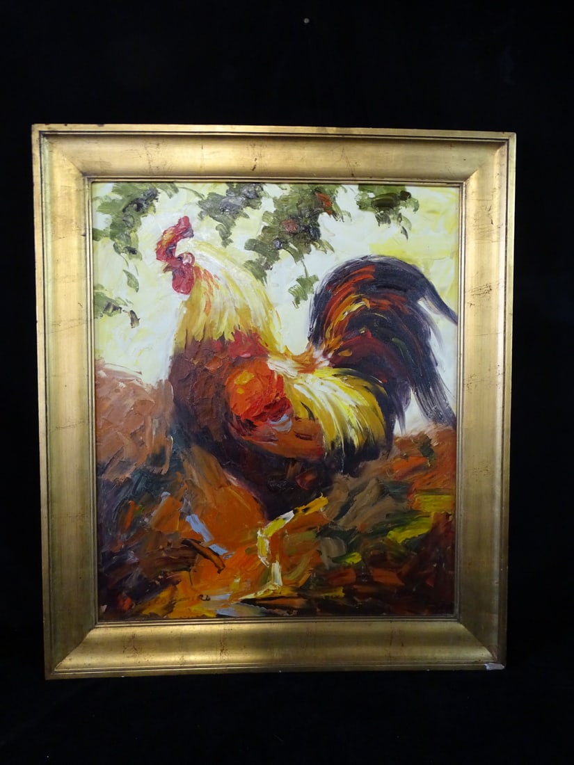 VINTAGE OIL ON BOARD ROOSTER, 23-1/4" X 19-1/2" IMAGE, 28-3/4 X 24-3/4" OVERALL: VINTAGE OIL ON BOARD ROOSTER, 23-1/4" X 19-1/2" IMAGE, 28-3/4 X 24-3/4" OVERALL