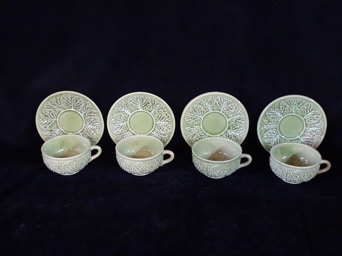 FOUR CABBAGEWARE CUPS AND SAUCERS, 2-1/2" X 4-1/2"CUP DIA., 6-1/2" SAUCER DIA..: FOUR CABBAGEWARE CUPS AND SAUCERS, 2-1/2" X 4-1/2"CUP DIA., 6-1/2" SAUCER DIA..