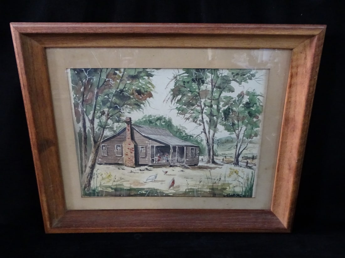 VINTAGE "CABIN IN THE WOODS" WATERCOLOUR IN THE STYLE OF WALKER, 13-1/2" X 17-1/2" IMAGE, 17" X 21": VINTAGE "CABIN IN THE WOODS" WATERCOLOUR IN THE STYLE OF WALKER, 13-1/2" X 17-1/2" IMAGE, 17" X 21" OVERALL