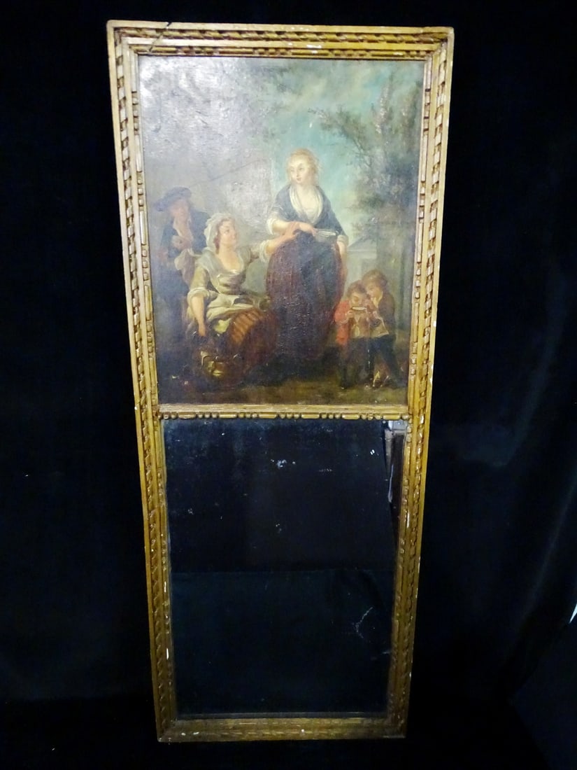 19TH C. FRENCH TRUMEAU MIRROR WITH OIL ON BOARD PAINTING "FIGURES IN A LANDSCAPE", 42" X 16-3/4" (1 of 8)
