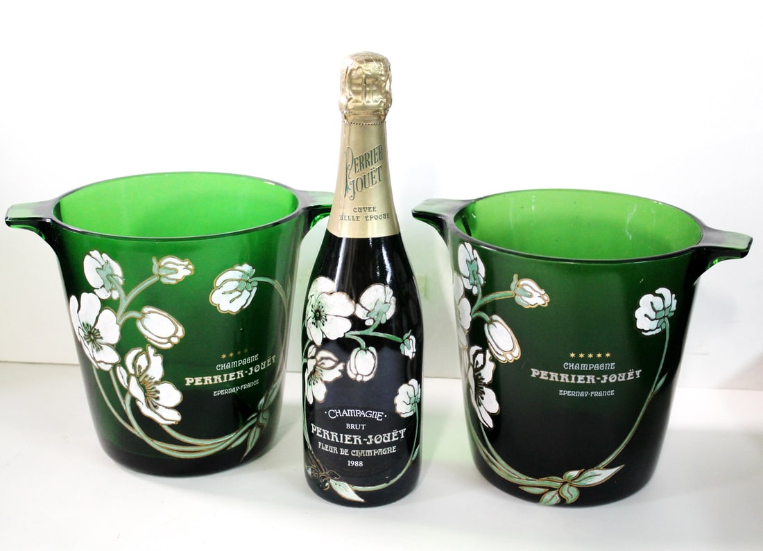 TWO PERRIER-JOUET EPERNAY FRANCE PAINT DECORATED GREEN GLASS CHAMPAGNE COOLERS AND UNOPENED BOTTLE (1 of 15)